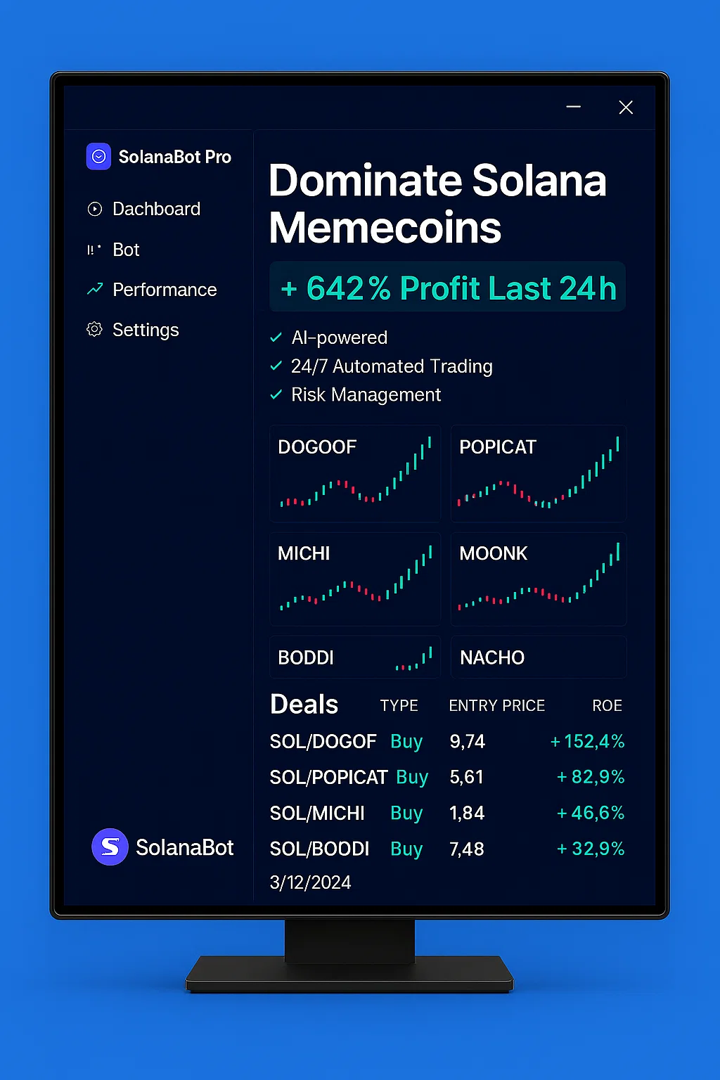 SolanaBot Pro Windows Application Preview showing dashboard with trading interface, profit metrics, and memecoin charts